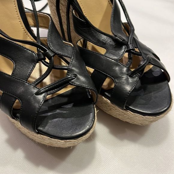Michael Kors Leather Espadrille Lace Up Black Wedge Sandals size 9 - Picture 6 of 13